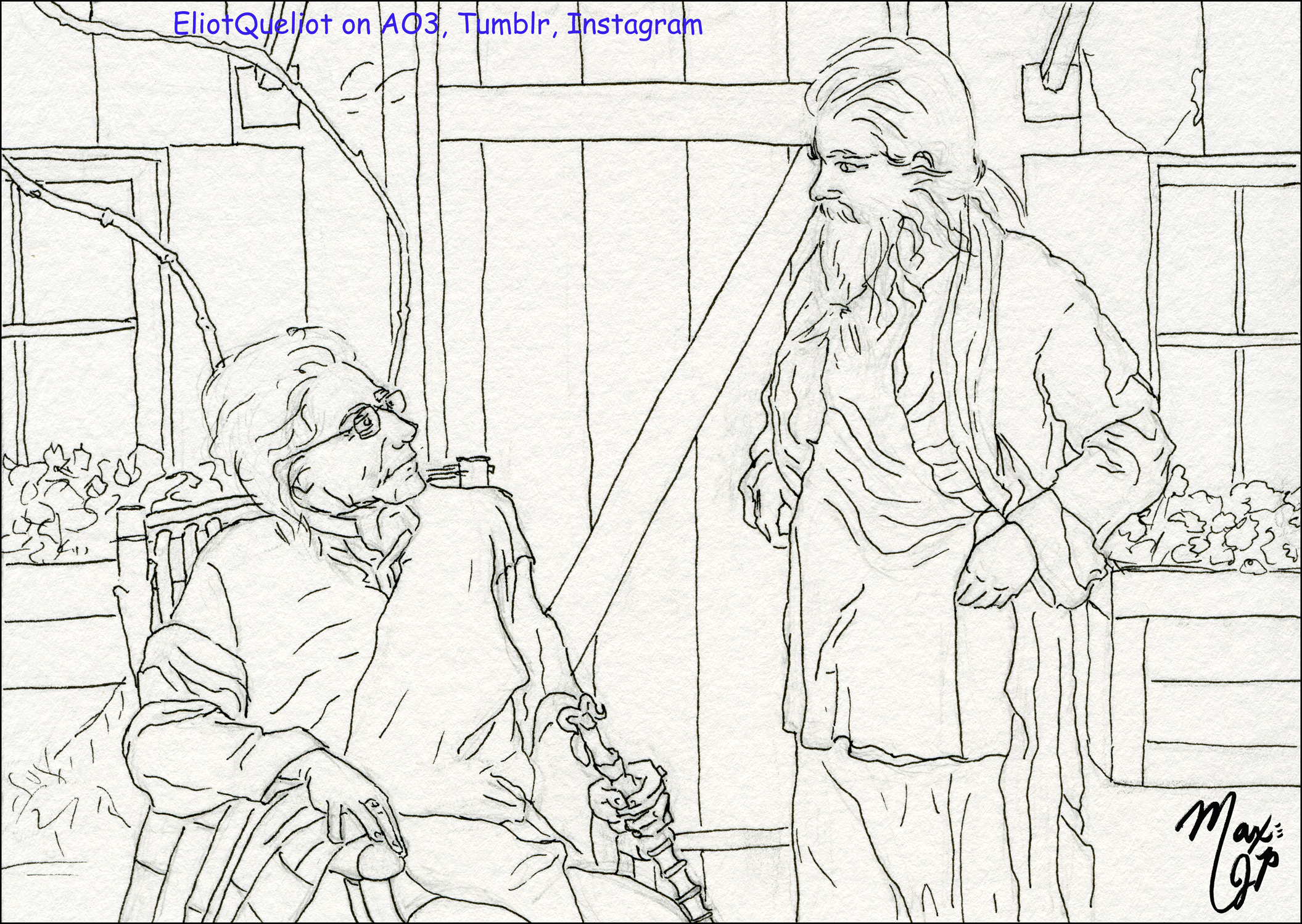 Old Eliot and Quentin chatting outside the Mosaic Cottage