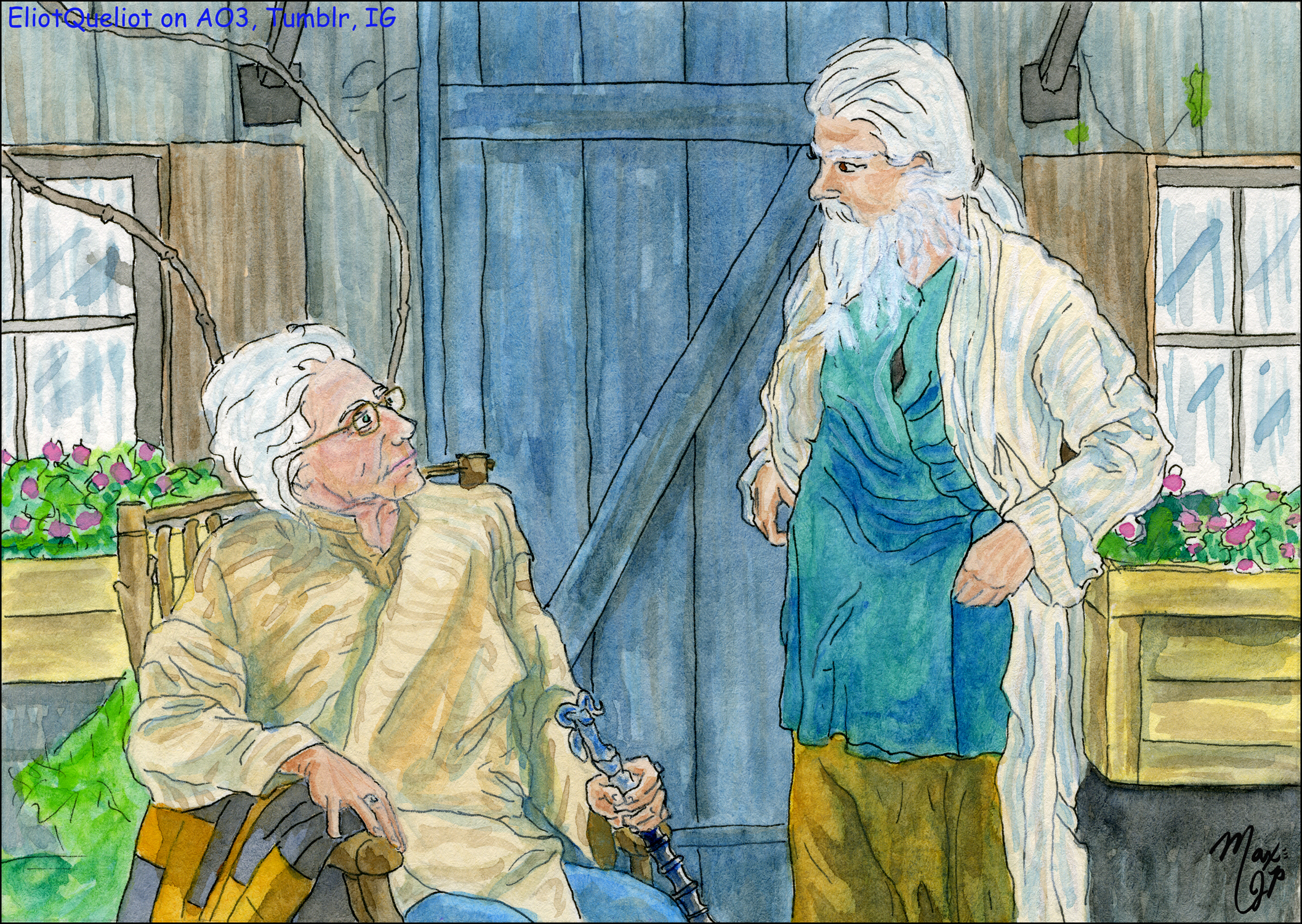 Old Eliot and Quentin chatting outside the Mosaic Cottage